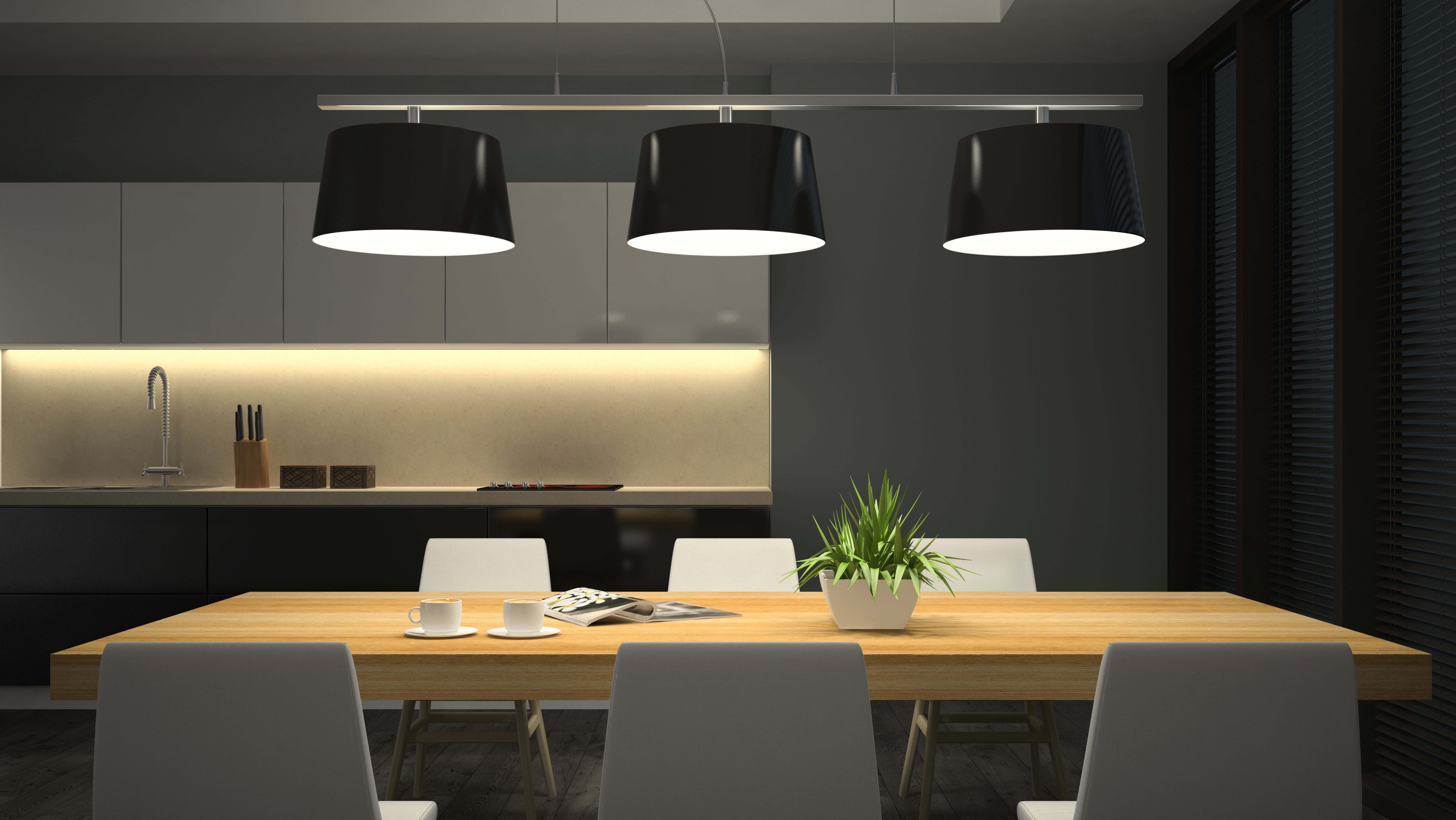 Night view modern interior of dining room 3D rendering La iluminación como elemento clave en el diseño de interiores